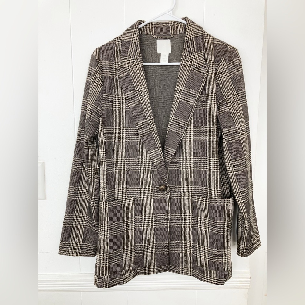 H&M Blazer Single Button Plaid Long Sleeve Patch Pocket Womens Collared …